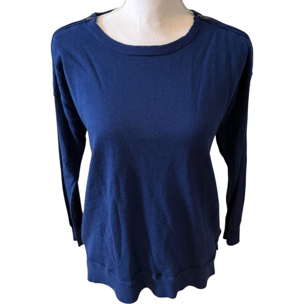 J Crew Merino Wool Crewneck Sweater Dark Blue Shoulder Zipper Detail M